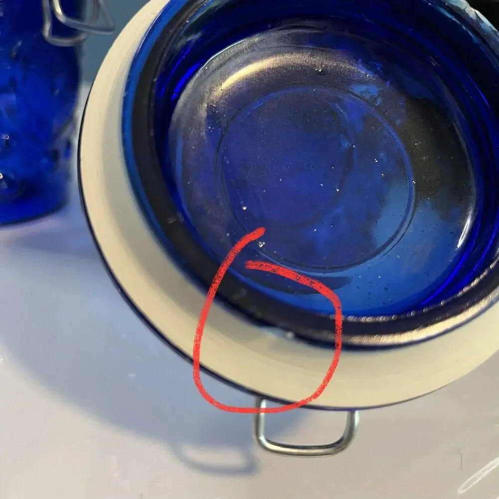 Vtg Cobalt Blue Glass Canister Jar Set (2) Hinged Wire Bail 6” Fruit Design READ